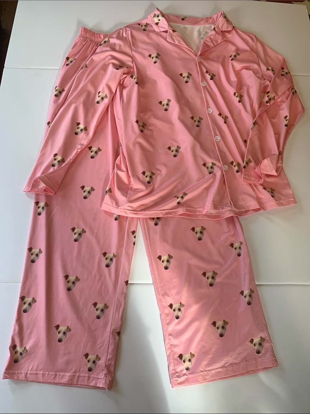 Custom Dog Face Pajama Set Pink Satiny Button Front PJ Pants Set Womens Size L